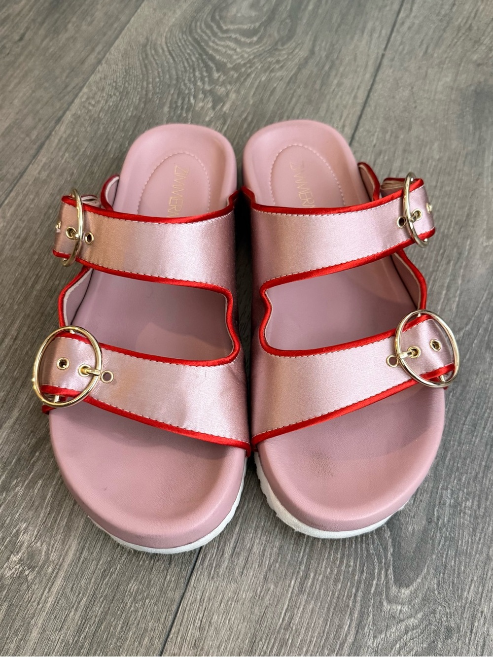 Zimmermann Buckled Satin Slides in Pink and Red